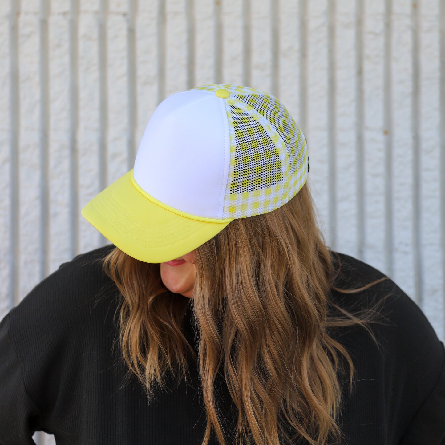 BUTTER YELLOW GINGHAM TRUCKER HAT