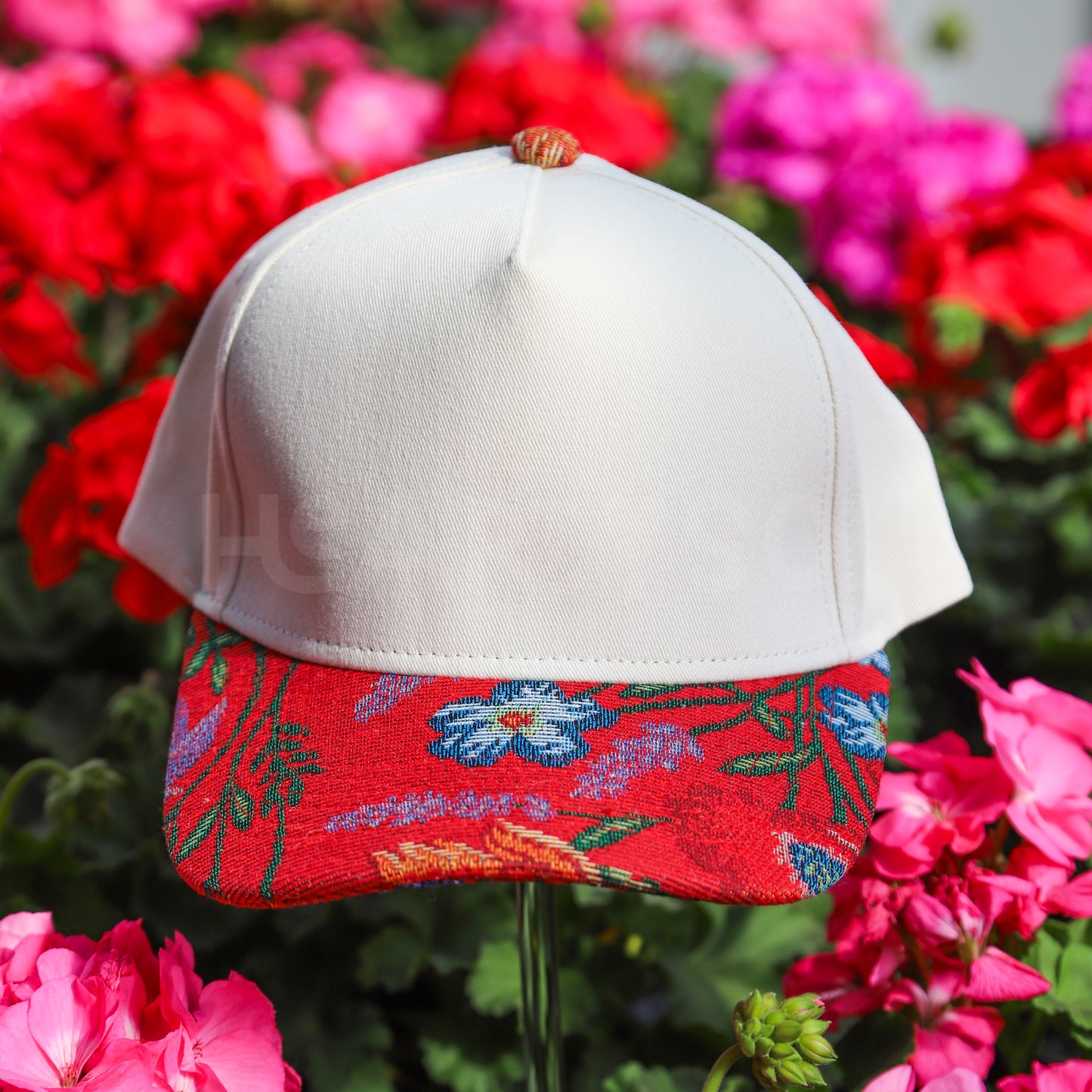 RED FLORAL CANVAS TRUCKER HAT