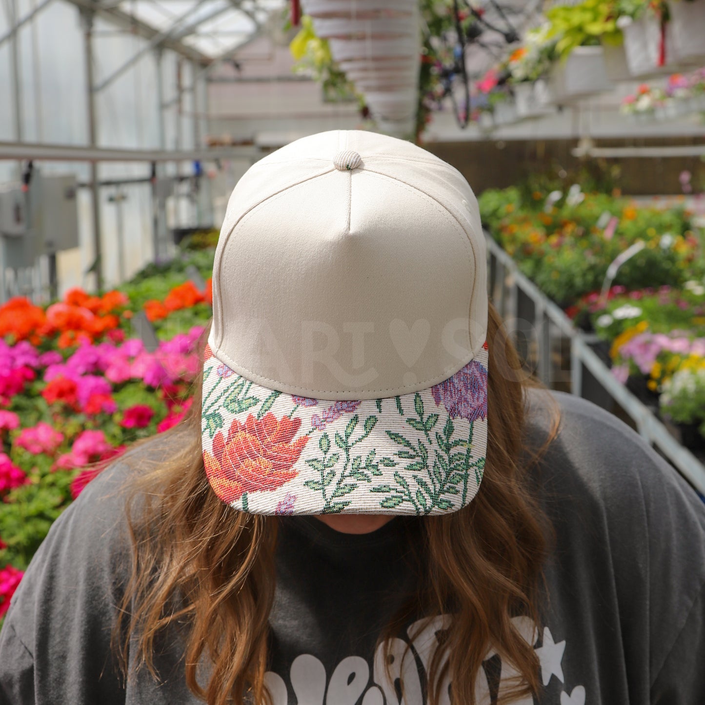 CREAM FLORAL CANVAS TRUCKER HAT