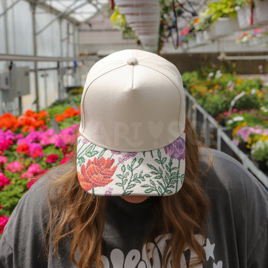 CREAM FLORAL CANVAS TRUCKER HAT