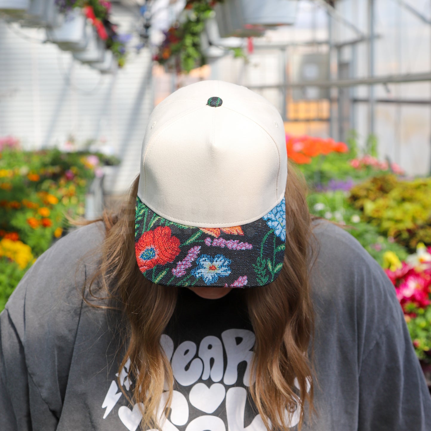 BLACK FLORAL CANVAS TRUCKER HAT