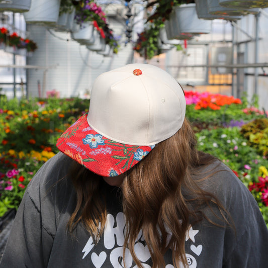 RED FLORAL CANVAS TRUCKER HAT
